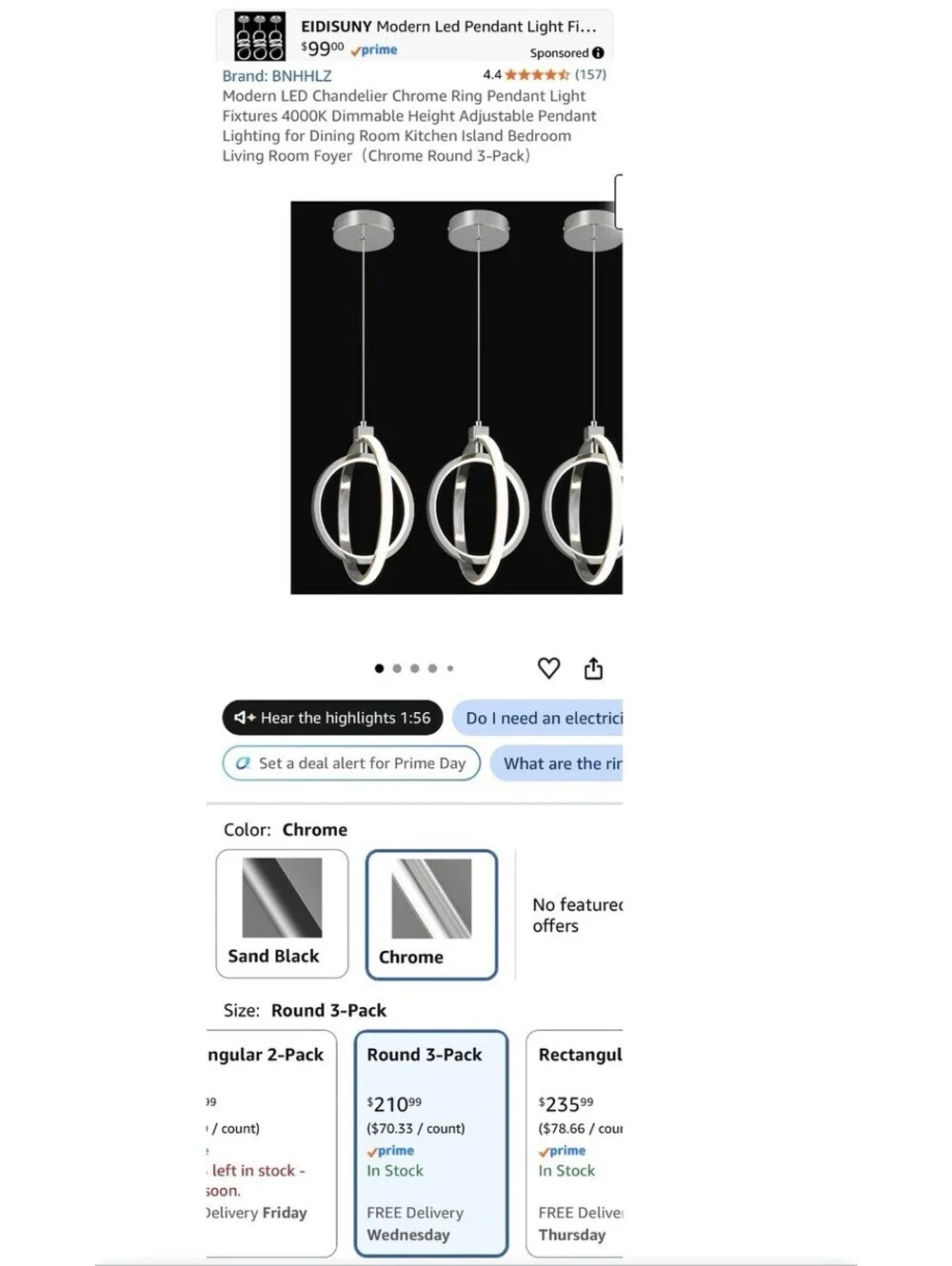 Modern Chrome 3 Pack LED Pendant Chandelier - New in Box